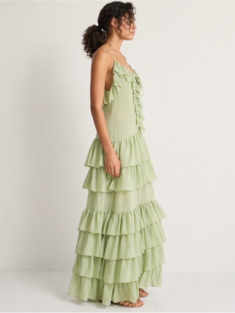 NWT Torn by Ronny Kobo Pistachio Ruffle Tiered Maxi Dress size M. Stunning!